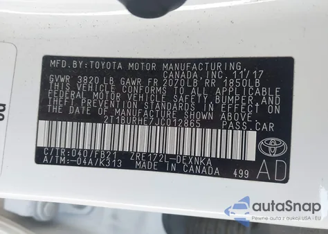 2018 Toyota Corolla Le z USA, uszkodzony, nr VIN 2T1BURHE7JC012865